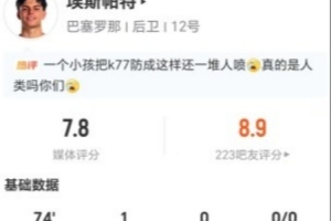 对位KK7！埃斯帕特本场1球+8对抗5成功 4抢断+2封堵 获评7.8分